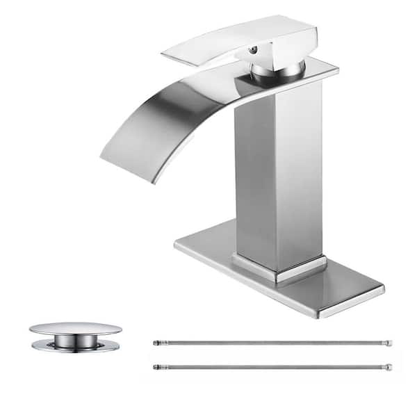 BYH build your home Waterfall Single Handle Single Hole Arc Bathroom Faucet Drip-Free Vanity Sink Faucet with Drain Kit in Brushed Nickel