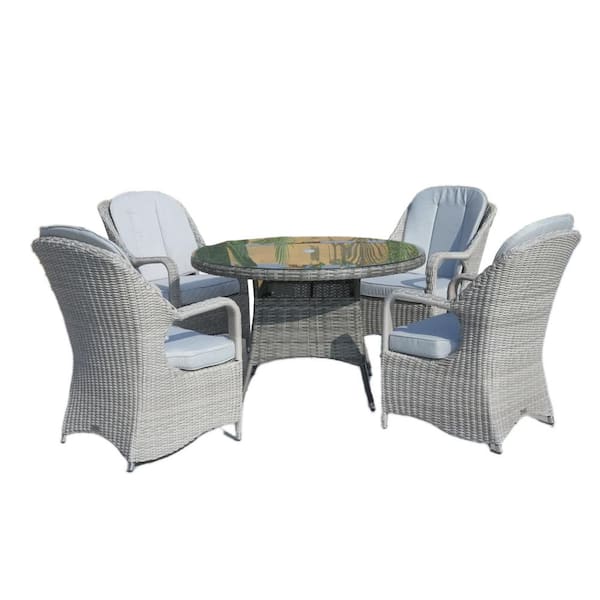 DIRECT WICKER Plus, Grey 5-Piece Aluminum Wicker Round Outdoor Dining Set with Semicircle Rattan Chairs and Grey Cushions