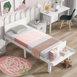 Modern White Wood Frame Twin Size Platform Bed with Footboard Bench