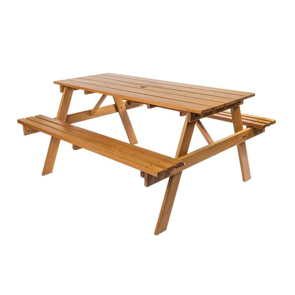 Shoreham 55 in. Modern Classic Rectangle Outdoor Eucalyptus Wood Picnic Table Benches with Umbrella Hole, Teak Brown