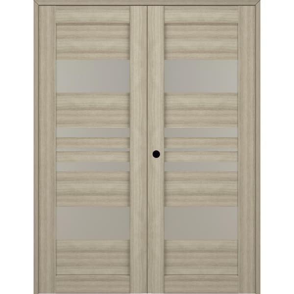 Romi 60 in. x 80 in. Right Hand Active 5-Lite Frosted Glass Shambor Wood Composite Double Prehung French Door