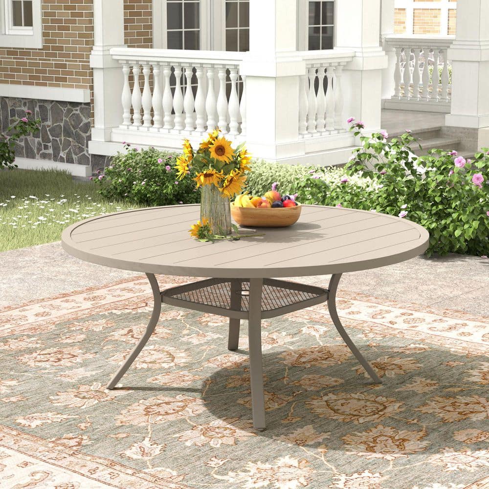 Sandshell Metal Outdoor Patio Round Dining Table with Adjustable Umbrella Hole for Deck Lawn ...