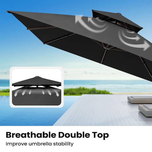 13.5 ft. x 10 ft. Double Top Aluminum 360° Rotation Cantilever Patio Umbrella in Black with 350 lbs. Pull Rod Base