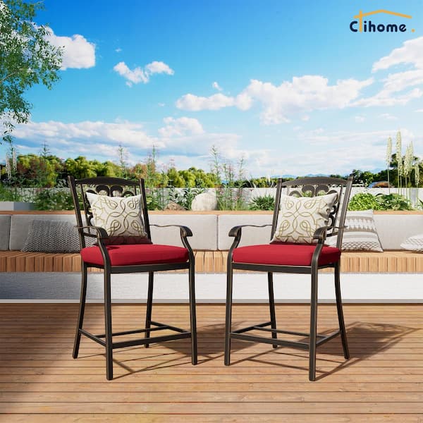 Clihome Set of 4-Cast Aluminum Flower-Shaped Backrest Outdoor Bar Stool Chairs Dining Chairs with Red Cushions