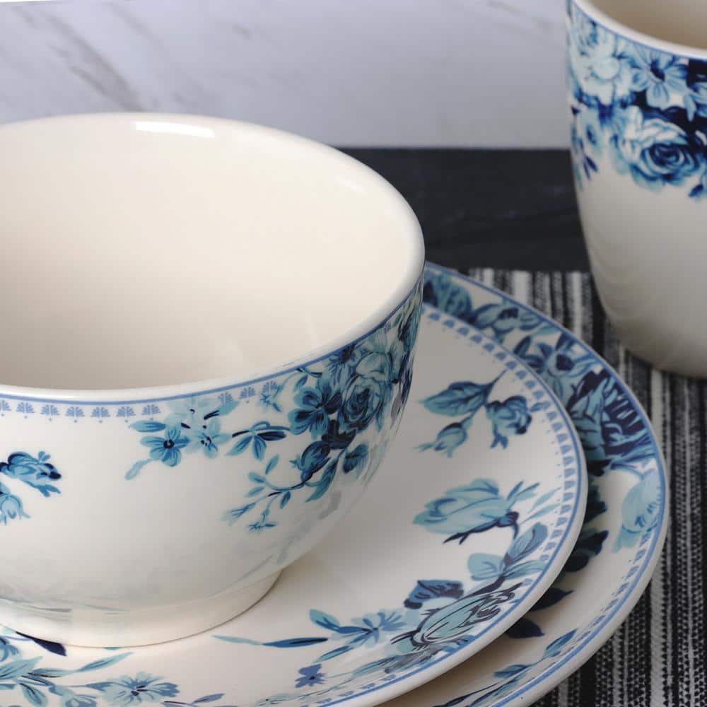 Elegant Floral Blue & White Ceramic Dinnerware Set, Service for 4