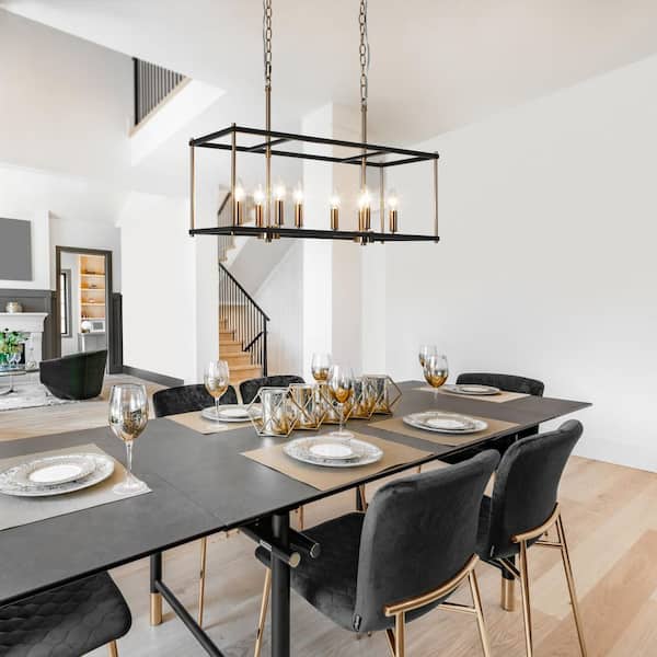 26 in. 8-Light Modern Black Dining Room Chandelier, Brass Farmhouse Kitchen Island Candlestick Light with Fabric Shades