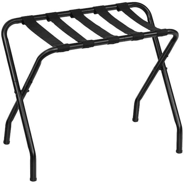 Black Metal 27 in. x 15.3 in. x 22 in. Foldable Luggage Rack for Guest Room Holds up to 100lbs. Steel Frame Nylon Straps