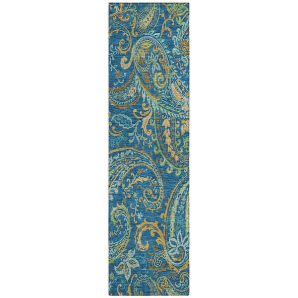 Navy Blue 2 ft. x 8 ft. Woven Paisley Polyester Runner Indoor/Outdoor Area Rug
