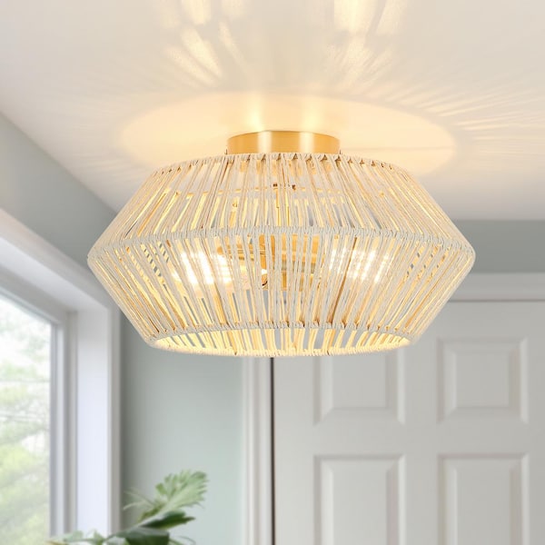 Bohe 16 in. 2-Light Brass/Beige Bohemian Woven Rope Semi-Flush Mount Ceiling Light