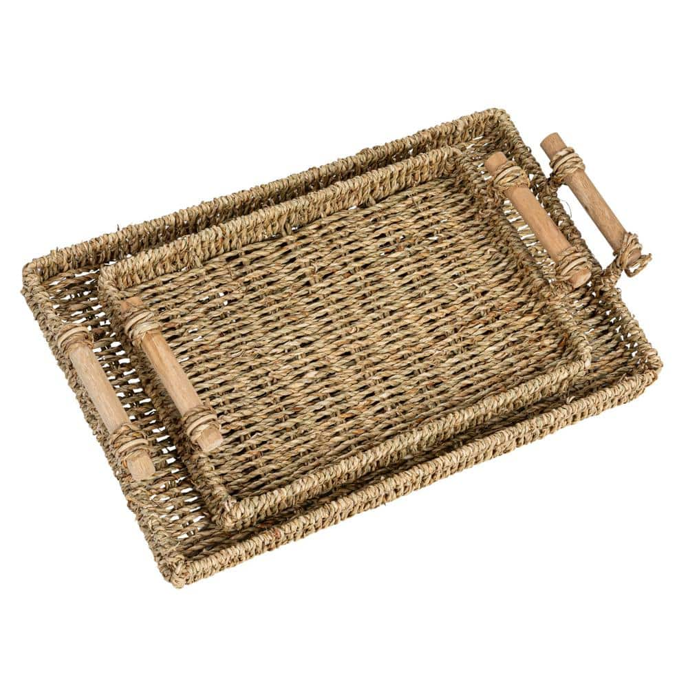 HOUSEHOLD ESSENTIALS Handwoven Seagrass Rectangular Decorative Tray Set with Wood Handles, Natural (Set of 2)