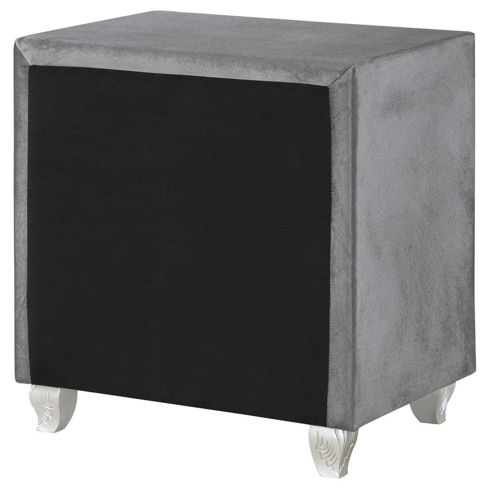 Gray Velvet 2-Drawer Nightstand with Crystal Pulls