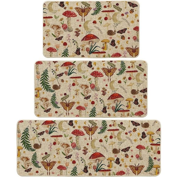 Beige 17 in. x 29 in. Indoor Mushrooms Butterfly Kitchen Mats Set of 3