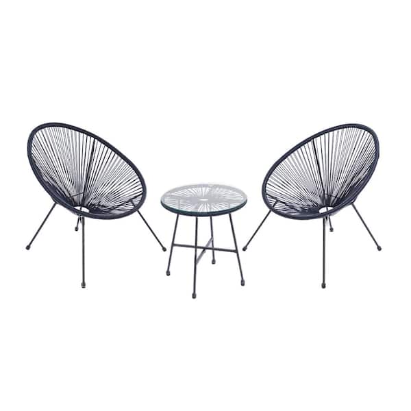 SUNRINX 3-Pieces Wicker Outdoor Acapulco Terrace Furniture Bistro Set in Dark Blue