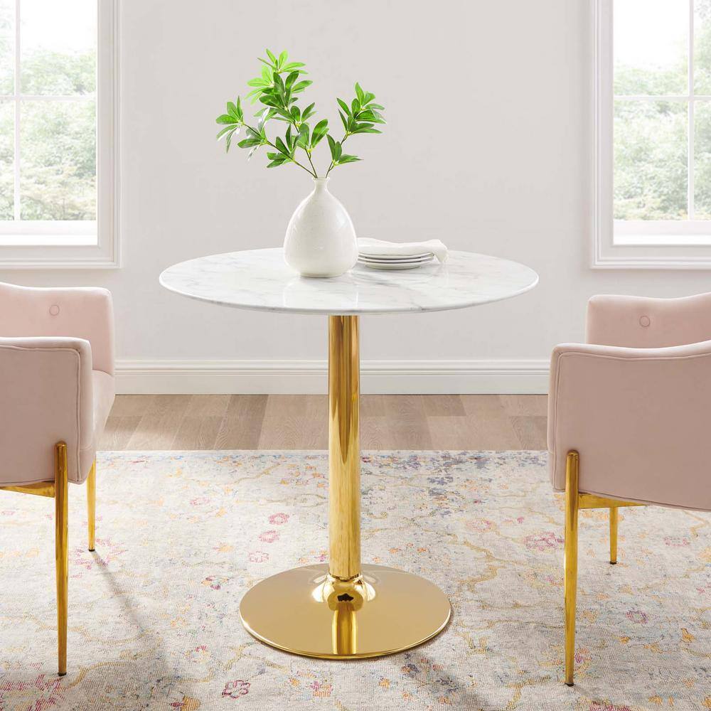 Verne 35" Round White Marble Dining Table with Gold Base