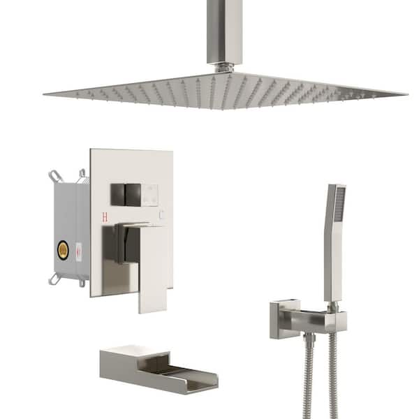 Miscool Single Handle 3-Spray Tub and Shower Faucet 1.8 GPM 12 in. Ceiling Mount Shower Head in Brushed Nickel Valve Included