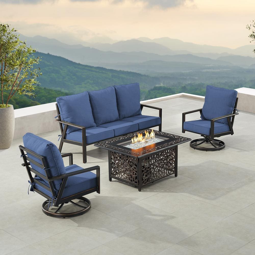 Oakland Living Black 5-Piece Aluminum Patio Fire Pit with Deep Seating Sofa and 2-Club Chairs Blue Cushions