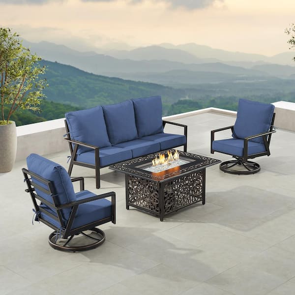 Oakland Living Black 5-Piece Aluminum Patio Fire Pit with Deep Seating Sofa and 2-Club Chairs Blue Cushions