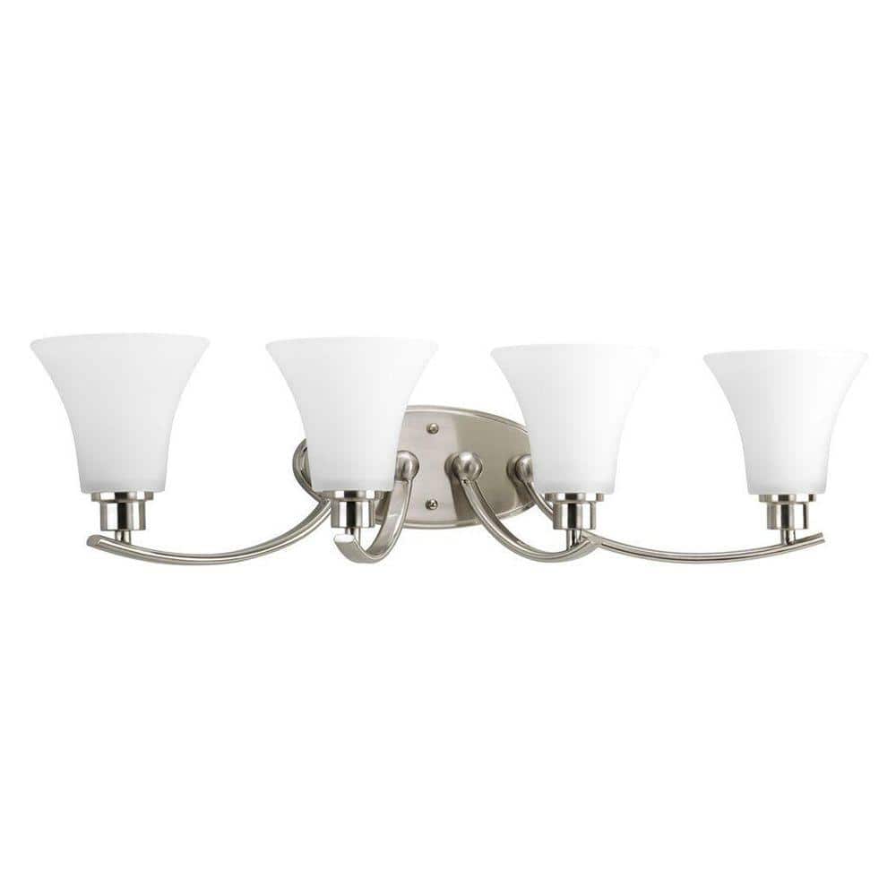 Brushed Nickel 4-Light Bath Fixture with White Etched Glass Shades