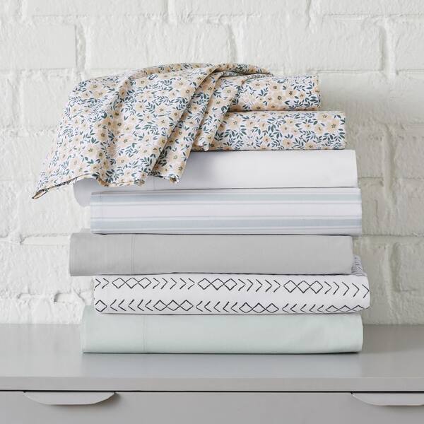 White 500TC Cotton Percale Sheet Set - Navy Blue Hemstitch