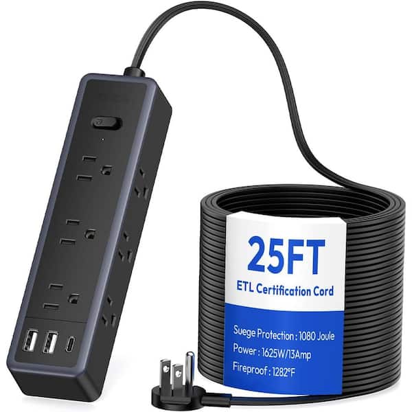 phyfalip 9-Outlet Surge Protector Power Strip with USB Port, Flat Extension Cord 25 ft. in Black