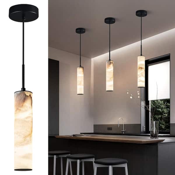 Home Light 7-Watt 1 Light Modern Black Integrated LED Light Fixtures Pendant Light With Natural Alabaster Shade, 3 Pack