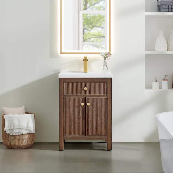 Cerrito 24 in. Single Freestanding Brown Brushed Oak Bath Vanity with White Ceramic Top Assembled