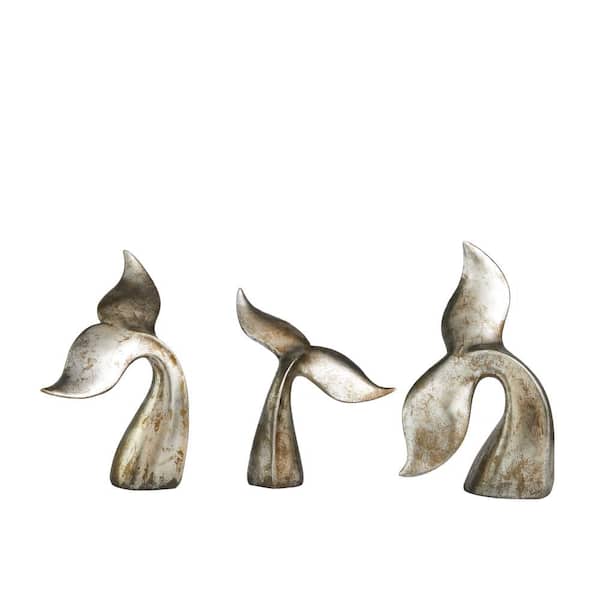 Litton Lane Silver Polystone Whale Sculpture with Various Sized Tails and Copper Distressing (Set of 3)