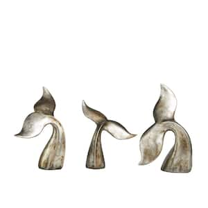 Silver Polystone Whale Sculpture with Various Sized Tails and Copper Distressing (Set of 3)