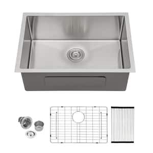 26 in. Undermount Single Bowl 16-Gauge Brushed Nickel Stainless Steel Round Corner Kitchen Sink with Bottom Grid