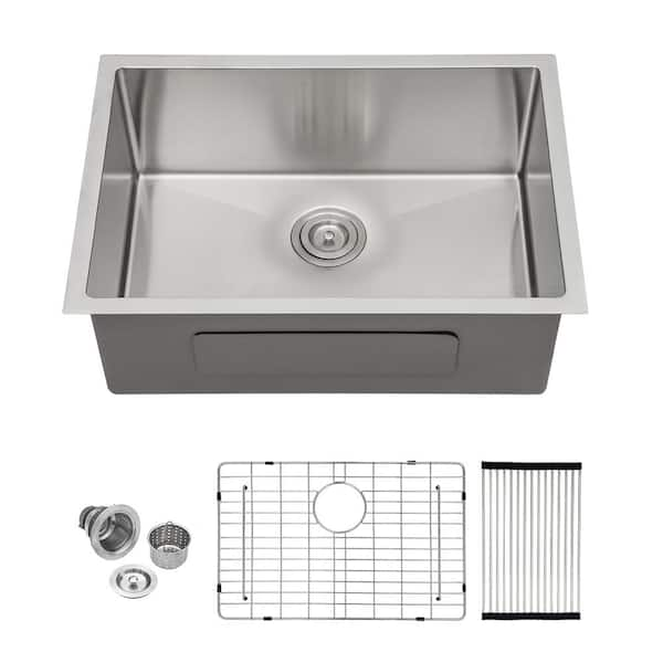 Sarlai 26 in. Undermount Single Bowl 16-Gauge Brushed Nickel Stainless ...