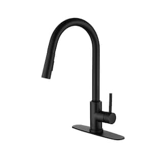 Single Handle Deck Mount Gooseneck Pull Down Sprayer Standard Kitchen Faucet with Deckplate Included in Matte Black