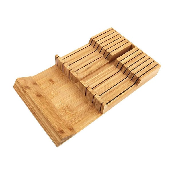 12-Knife In-Drawer Bamboo Knife Storage Block with Angled Handle Support for Kitchen Knives Organization