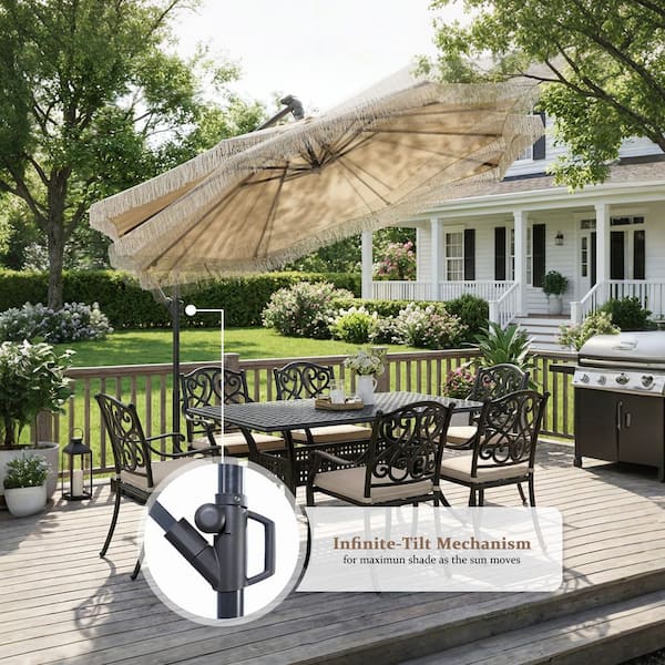 Mondawe 10 ft. Solar LED Lights Patio Offset Hanging Umbrella Outdoor  Cantilever Umbrella with 360 Rotation and Fringe in Beige MO-0104LS001BE