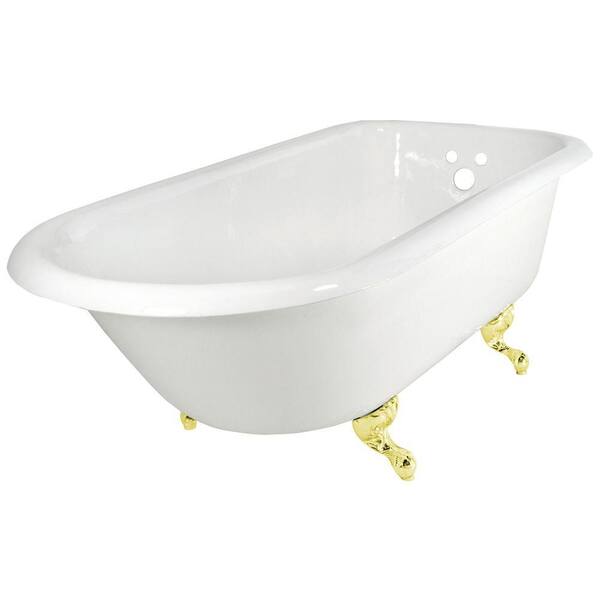 Elizabethan Classics 67 in. Roll Top Cast Iron Tub Wall Faucet Holes in White with Ball and Claw Feet in Polished Brass