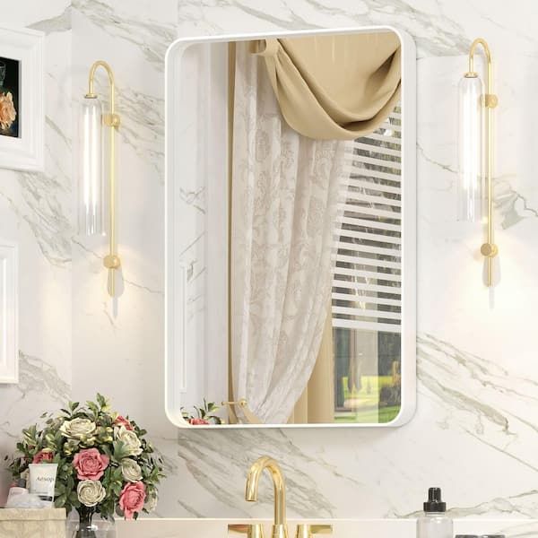 GODCHAR 16 in. W x 24 in. H Rectangular Aluminum Alloy Frame with Inner Deep Design and Tempered Glass Wall Mirror in White