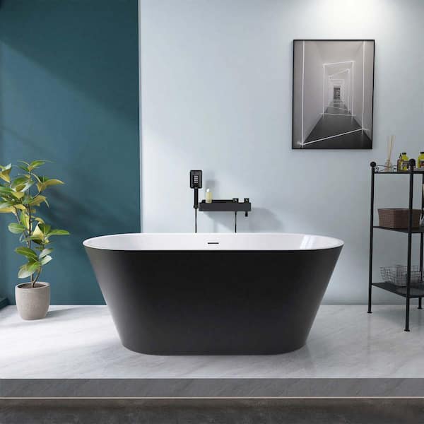 Xspracer Moray 59 in. x 30 in. Acrylic Flatbottom Freestanding Soaking Non-Whirlpool Bathtub with Pop-up Drain in Matte Black
