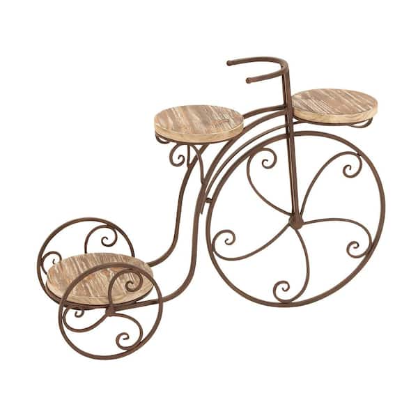 Litton Lane 23 in. Brown Round Metal Bicycle Plantstand with 2-Tiers