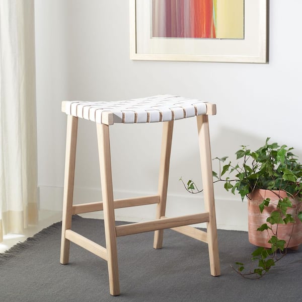 Abreu 26.77 in. H White/Light Natural Wood Bar Stool with Leather Seat