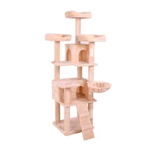 19.7 in. Wooden Cat Tower House Cat Tree with Cozy Cat Condo, Super Large Hammock and Plush Perches in Beige