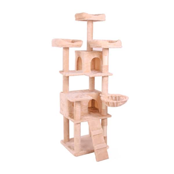 maocao hoom 19.7 in. Wooden Cat Tower House Cat Tree with Cozy Cat Condo, Super Large Hammock and Plush Perches in Beige