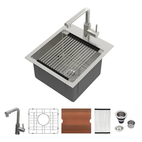 16-Gauge Stainless Steel 15 in. x 17 in. Drop-In Bar Sink Single Bowl Workstation Prep Kitchen Sink with Pull-Out Faucet