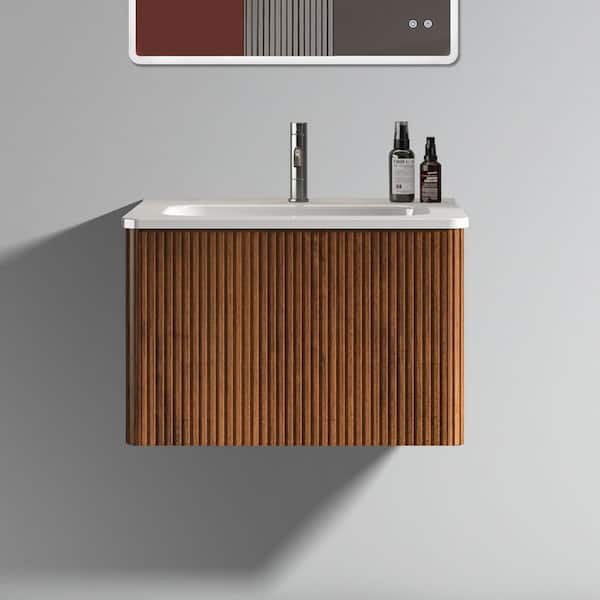 24 in. Single Sink Floating Walnut Bath Vanity with White Ceramic Top (Assembled), Curved Edges