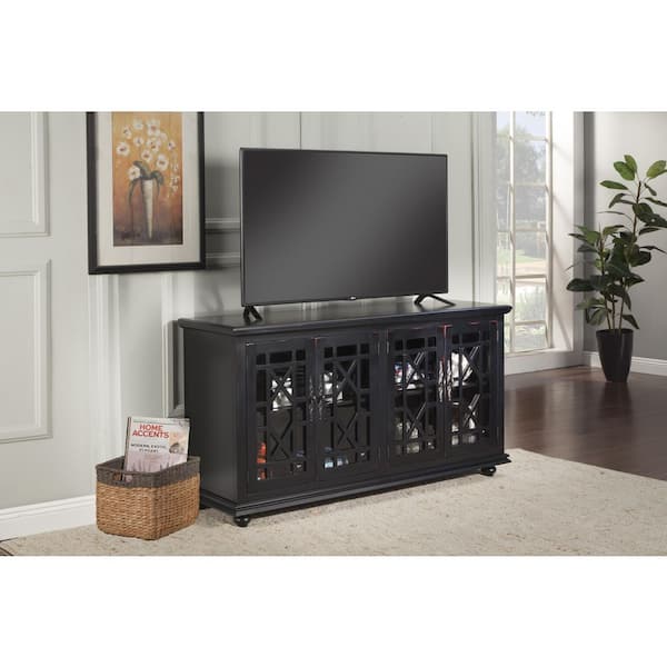 Martin Svensson Home Elegant Black Glass TV Stand Fits TVs Up to 65 in.  with Cable Management 91002 The Home Depot