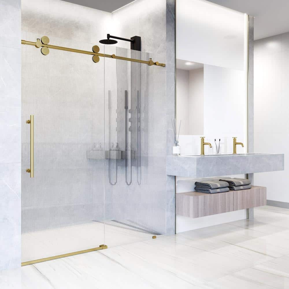 Matte Brushed Gold Frameless Sliding Shower Door with Fluted Glass