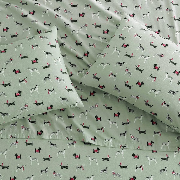 Laura Ashley Holiday Pups 4-Piece Green Cotton Flannel King Sheet