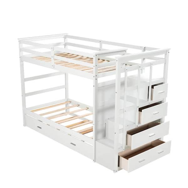 White Twin Over Wood Bunk Bed, Twin Bunk Bed With Trundle Plans