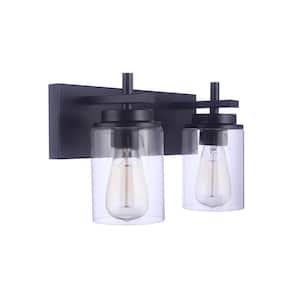Reeves 14 in. 2-Light Flat Black Finish Vanity Light with Clear Glass Shade