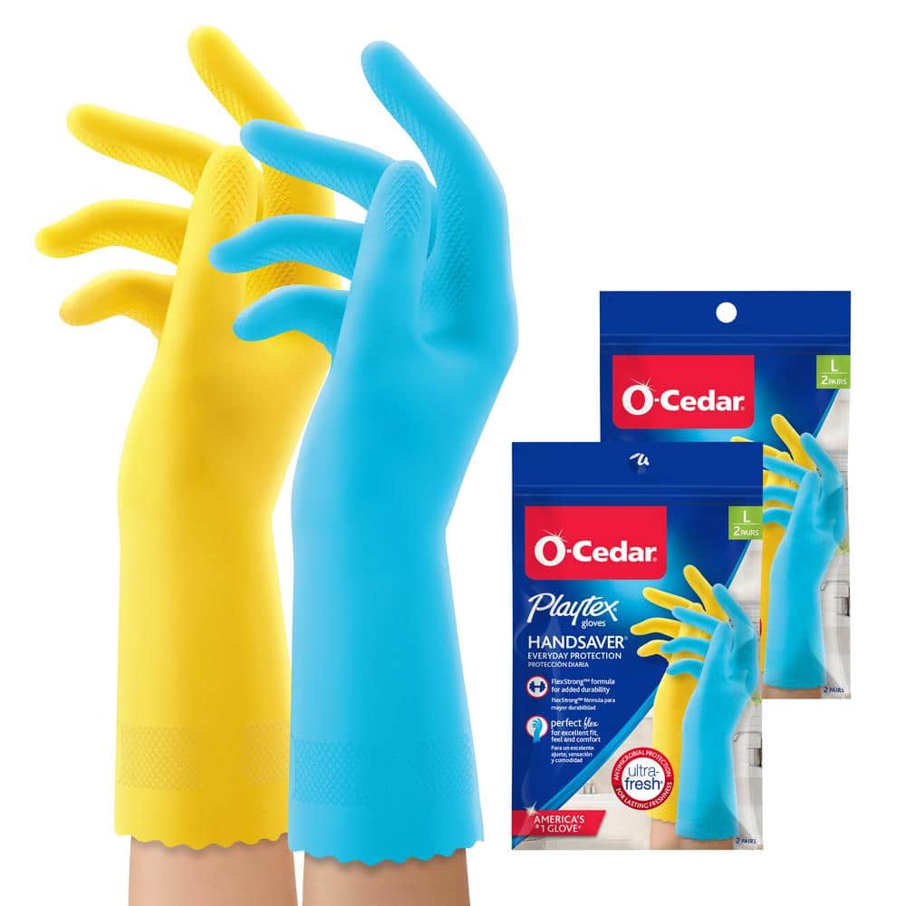 O-Cedar Playtex Handsaver Large Yellow and Blue Latex/Neoprene/Nitrile Gloves (2-Pairs)(2-Pack), Yellow / Blue -  163661 COMBO1