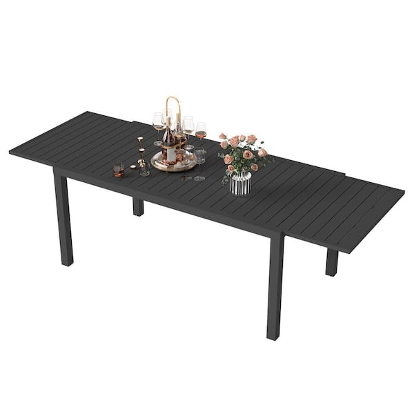 Black Rectangular Aluminum Standard Height Outdoor Dining Table with Extension and Umbrella Hole