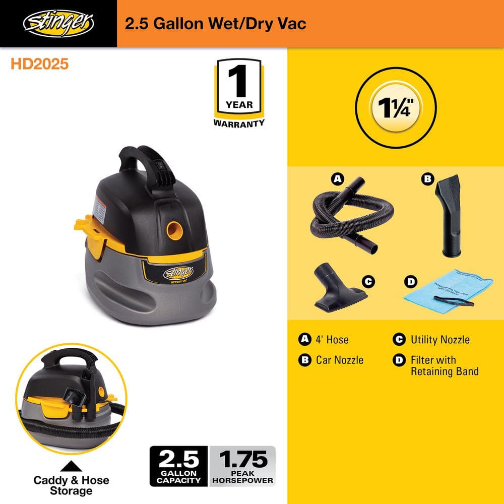Compact Gray and Yellow 2.5 Gallon Wet/Dry Vacuum Cleaner